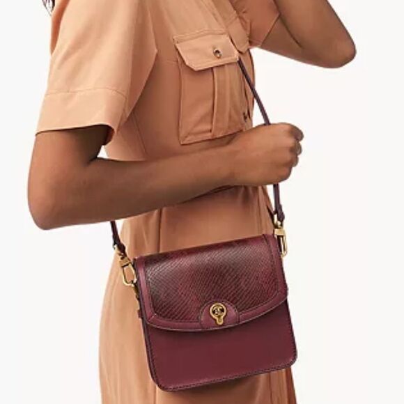 FOSSIL Ainsley Burgundy Croc Print Combo Leather Small Crossbody Bag Purse - Picture 3 of 7